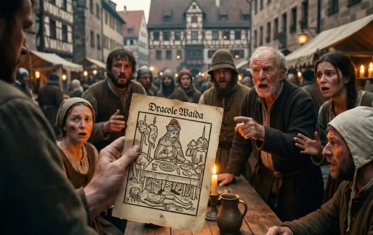 Ortaçağ bir Avrupa pazarında köylüler, Vlad Tepeş’i canavar gibi gösteren bir ahşap baskı broşürü şaşkınlıkla incelerken görülüyor; broşürde kazıklı cezalar ve abartılı sahneler yer alıyor.